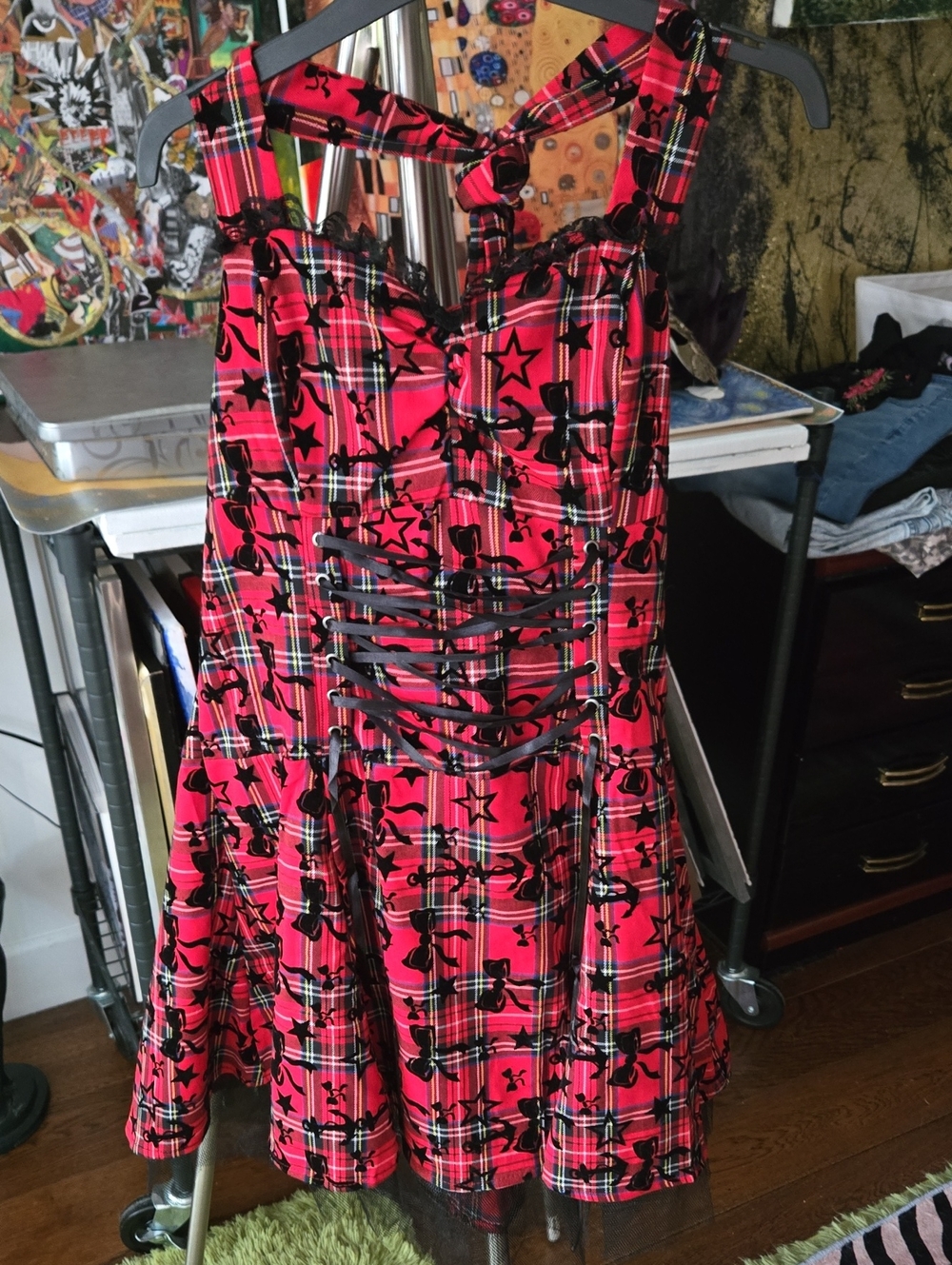 Red Plaid Lace-Up Fit & Flare Dress Super Cute!